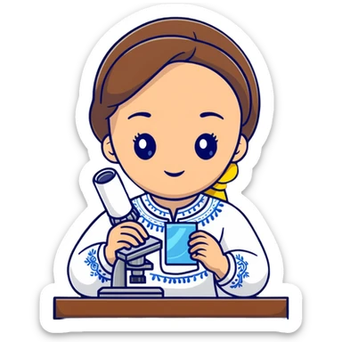 Ukrainian girl in traditional embroidered vyshyvanka shirt holding a microscope sticker