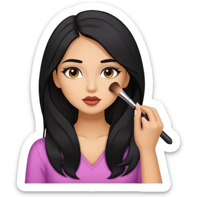 Girly girl long black hair, putting on makeup sticker