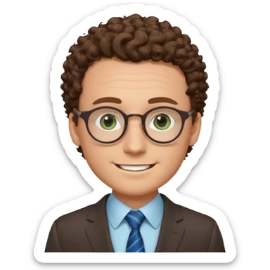 The face of a white man, with blue/green eyes, a large forehead, small and thin round glasses, curly brown hair, wearing a suit, and smiling sticker