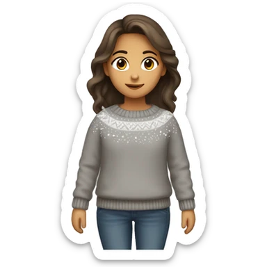 winter, christmas, hispanic, long brown hair, girl, brown eyes, child, full body, grey sweater sticker