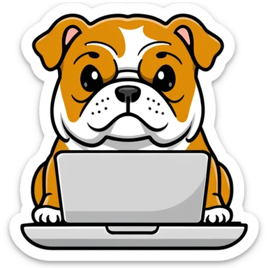 English bulldog with a laptop sticker