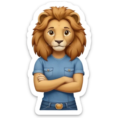 female anthropomorphised lion character standing confidently with arms folded wearing jeans and a t-shirt sticker