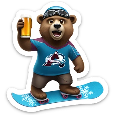 snowboard bear wearing helmet and goggles, colorado avalanche jersey doing insane tricks while holding a beer sticker