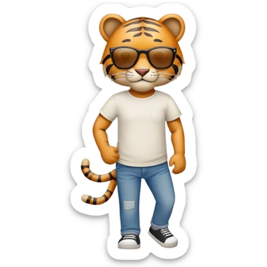 anthropomorphised tiger in a band t-shirt and jeans with sunglasses walking upright, relaxed pose sticker