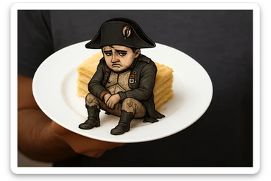 Сгенерируй мне такую же тарелку, в таком же расположение, но на ней сидит грустный наполеон бонапарт в чуть рваной одежде, как будто он повержен sticker