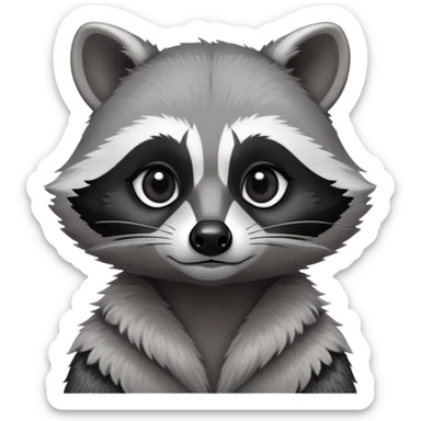 Cinematic-Noble-Raccoon-Portrait-Emoji – Poised and confident, with a sturdy build and a beautifully textured fur of silver-grey accented by dark black facial markings, deep-set, large big black eyes revealing no white, simplified yet sharp and sophisticated zoom out to show shoulders sticker