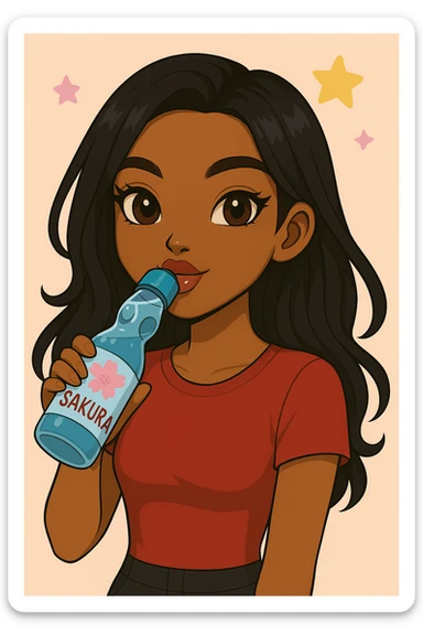 Headshot of a 20-year-old anime Bratz style woman with dark skin, straight hair, trendy outfit, glossy lips, no hat, no tears, happy expression, both eyes open, looking straight ahead, drinking blue Ramune soda labeled 'Sakura'. Change her eyes to brown and her shirt to red. sticker