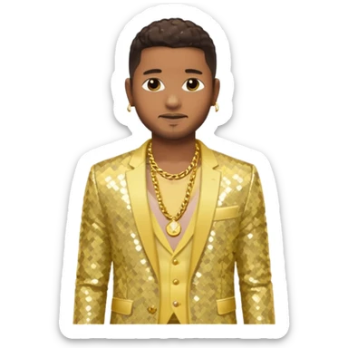 Usher with dark brown, pale yellow sequin suit jacket, shirtless with necklace sticker