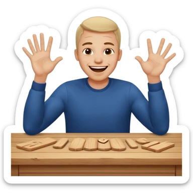 A man is laughing with his head siting on the table and his both hands are knocking the table sticker