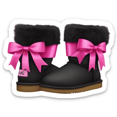 Pair of black and hot pink Ugg fur boots laced up with pink silk ribbon bows. sticker
