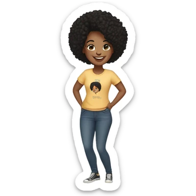 Woman in her late twenties, bipoc black hair smiling, tshirt jeans sticker