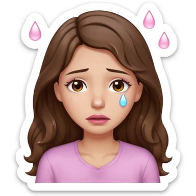 girl with wavy long brown hair, brown eyes, light to medium complexion, long lashes, light pink lipstick, wearing light pink shirt, weeping big big tears sticker