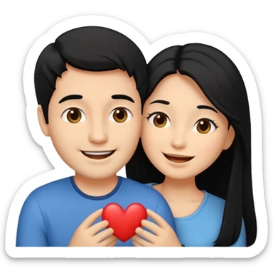 An emoji of a happy couple, the woman has long black hair and a light brown skin tone, while the man has short black hair and a white skin tone. They are in a romantic pose, expressing love and joy with warm facial expressions and affectionate gestures. sticker