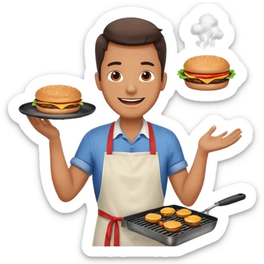 A cheerful man in an apron flipping burgers on a sizzling grill with smoke puffing upward. sticker