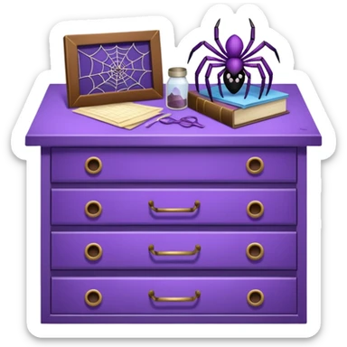 purple spider webs on an open drawer with dusted stuff sticker