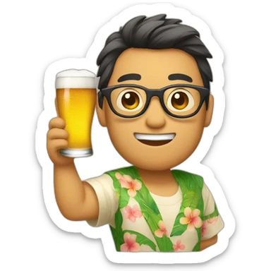 Japanese wearing glasses alohashirt is holding beer sticker
