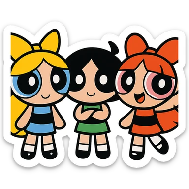 three chibi girls with big eyes and colorful dresses, inspired by the Powerpuff Girls sticker