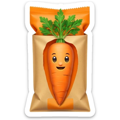 cute emoji carrot seed packet, small rectangular paper pouch, orange carrot, green leaves, minimal and friendly, clean lines, soft shading, white or light brown background sticker