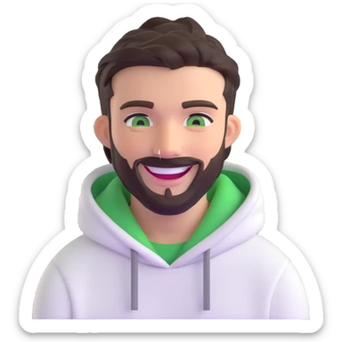 laughing guy with white hoodie, green eyes, dark brown undercut hairstyle and a short full beard sticker