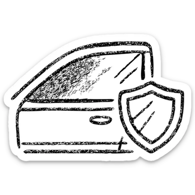 hand-drawn outlined icon of luxury car side window, dark gradient, small shield or blocked sunbeam, subtle shading, clean and modern sticker
