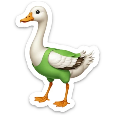 "Emoji of a white running goose with a very long neck and two legs. The goose wears bright green dungarees." sticker