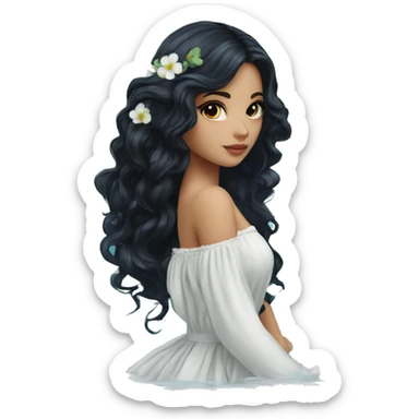 Pretty young Lady doll posing posed pose with long black hair flowers in hair white dress surrounded by flowing water sticker