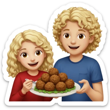 Ragazza bionda leggermente riccia e lunghi che ride ad un ragazzo con i capelli ricci scuri mentre mangia polpette sticker