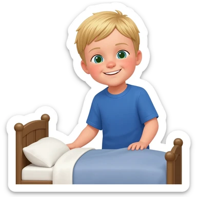 Use the same 3 year old blonde boy with green-blueish eyes as before  happy with blue tshirt making his bed with neat pillows sticker