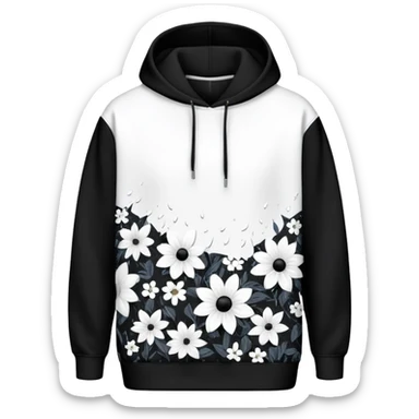 The BLACK Denim Tears Hoodie features a black base with distinctive black and white flowers. Each flower has a white outer ring with an empty space in the middle, creating a hollow, open design. These patterns are scattered across the hoodie for a bold and unique look. sticker