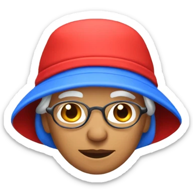 Old lady wearing blue bucket hat and a red fleece sticker