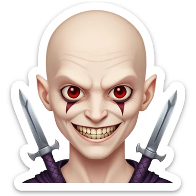 evil villain with razor blade weapons, completely hairless, sinister smile sticker