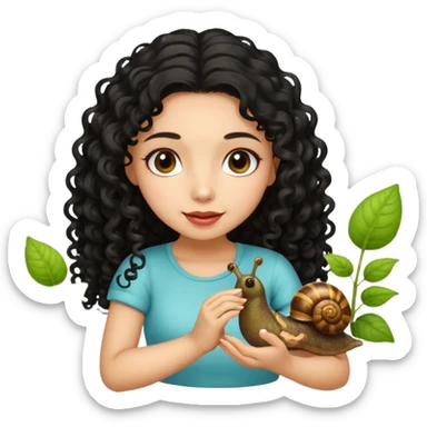 Pretty Latina girl with long black curly hair. She is playing with her cute garden snail.  sticker