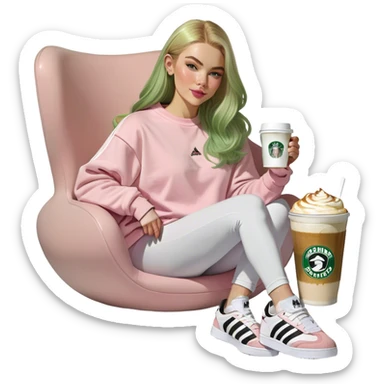 Girl long bright blonde hair middle part with rosy cheeks and plump mauve lips and green colored eyes wearing a white colored sweatshirt and black leggings, adidas OG Samba sneakers sitting in a large pink chair holding a latte sticker