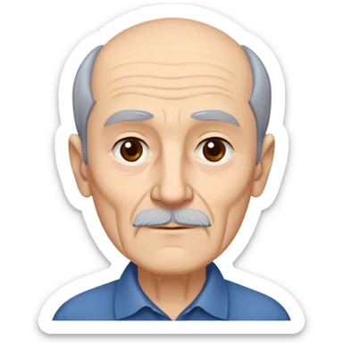Elderly thin man with light skin. Narrow face with visible cheekbones and jawline. Signs of aging with some wrinkles. Expressive dark brown eyes, thick eyebrows. Short brown hair with receding hairline. Untidy brown beard with some gray strands. Wearing a dark blue shirt. sticker