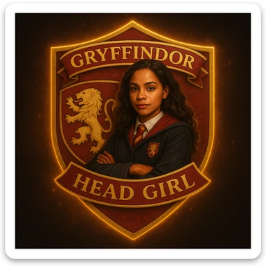 Make this head girl of Gryffindor badge more realistic, with a confident young witch in lifelike Gryffindor robes, a realistic lion icon, and naturalistic lighting and textures. sticker