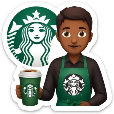 create a sticker of my male bangladeshi friend who is supervisor at starbucks plus coffemaster so black apron woth coffeemaster on it and starbucks logo sticker