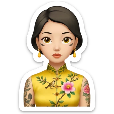 ancient woman with tatooed on neck and face and yellow cheongsam sticker