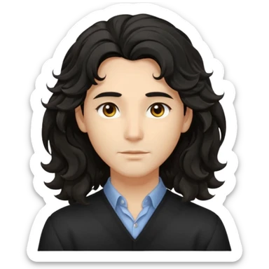 his avatar has shoulder-length black wavy hair with loose curls framing the face, and a long, pointed face with golden-brown eyes and a calm, neutral expression. sticker