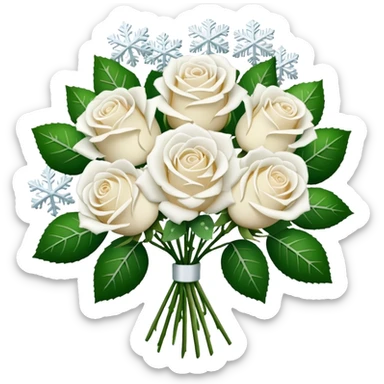 A bouquet of white roses, adorned with Christmas snowflakes sticker