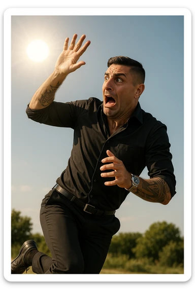Uomo che corre via dal sole spaventato perchè pensa sia nocivo realistica sticker