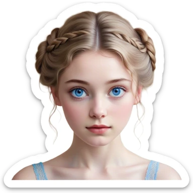 Cinematic Realistic Cinderella Portrait, depicted with lifelike skin texture, subtle rosy undertones, and soft natural lighting that enhances the gentle contours of her face. Her intricately detailed golden blonde hair is elegantly styled in an updo, with delicate wisps framing her face for added realism. Her deep, expressive blue eyes radiate warmth and sincerity, reflecting a quiet resilience and grace. She is dressed in her iconic ball gown, the fabric shimmering with intricate embroidery and fine translucent layers that catch the light beautifully. The soft sheen of satin gloves and the delicate sparkle of a glass-like slipper peeking from beneath her dress add a touch of magical realism. The portrait features an enchanting glow with a natural, luminous finish, seamlessly blending realism and fairytale charm to evoke a sense of depth, elegance, and timeless beauty. sticker