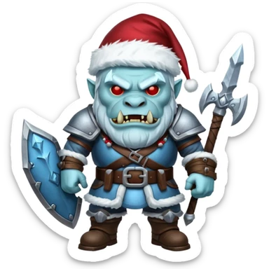 
Fantasy Christmas orc legion soldier icon, iron tundra army theme, heavy winter armor, disciplined brutal look, icy blue steel armor with deep crimson accents, frozen metal texture, cold winter atmosphere, male variant sticker