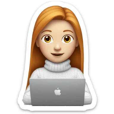 ginger girl with straight long hair and blue eyes in turtle neck white sweater working on a laptop sticker