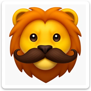 Make a lion emoji exactly like the reference image, in iOS emoji style. Same face, mane, and mustache, smooth and shiny. Add a subtle highlight. sticker