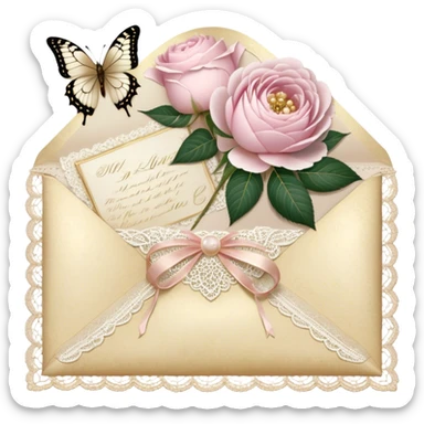 A delicate still life of an aged love letter sealed with golden wax, placed on a vintage lace doily, accompanied by a bouquet of pale pink roses and white peonies, with a shimmering pearl butterfly resting on the envelope. sticker