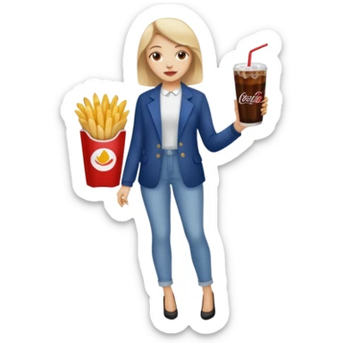 a young woman full length with cola in one hand and french fries in the other hand and a painting under her arm sticker