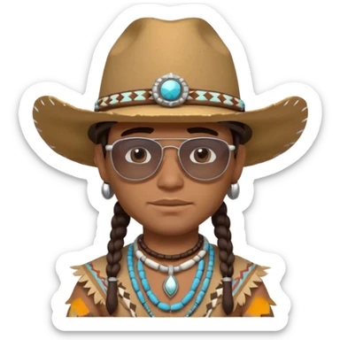 cute Indigenous tribal male portrait, head and shoulders only, cowboy hat, sunglasses, tribal jewelry, confident expression, 3D cartoon, mobile game icon style, clean background, no text, no watermark
 sticker
