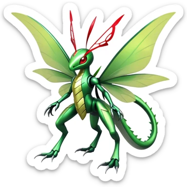  Cool Edgy Shiny Futuristic Ethereal Legendary Kartana-Digimon-Schyther-Flygon-hybrid full body with butterfly wings on back sticker