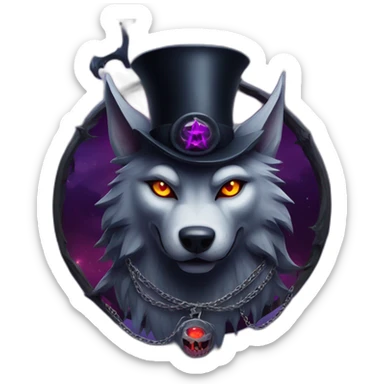 demonic wolf with a pentagram top hat and a pentagram chain with a haunting night background sticker