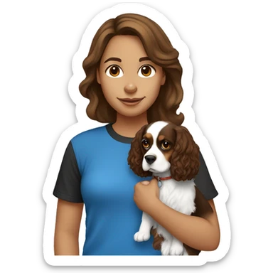 Girl with brown hair, wearing a blue baggy T-shirt, holding a black and white king cavalier, spaniel dog sticker